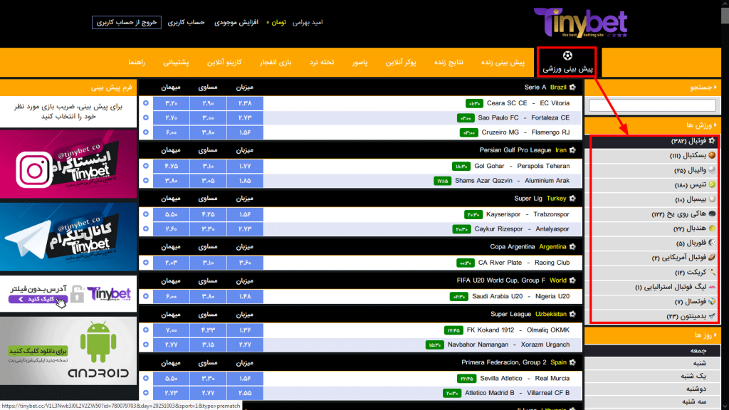 بررسی بخش پیش بینی ورزشی در TinyBet