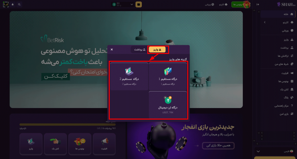 روش‌ های واریز در شاه بت