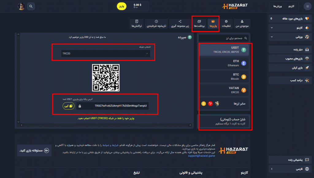 روش‌ های واریز و برداشت در سایت Hazarat bet