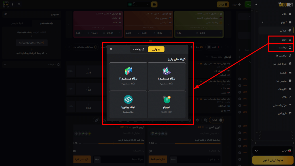 روش‌ های واریز و برداشت در سایت jadoBet